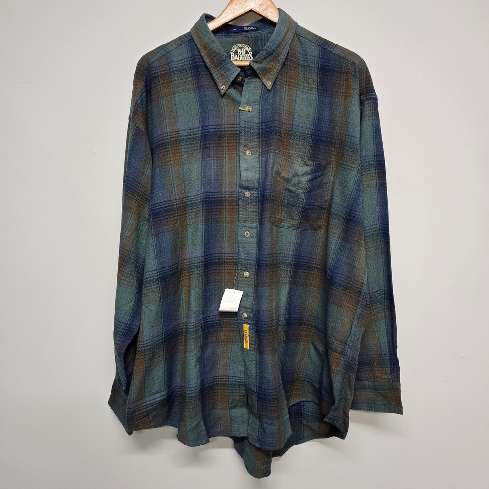 B.D. Baggies Plaid Flannel Shirt Mens XL Blue Green Cotton Grunge Cabin
